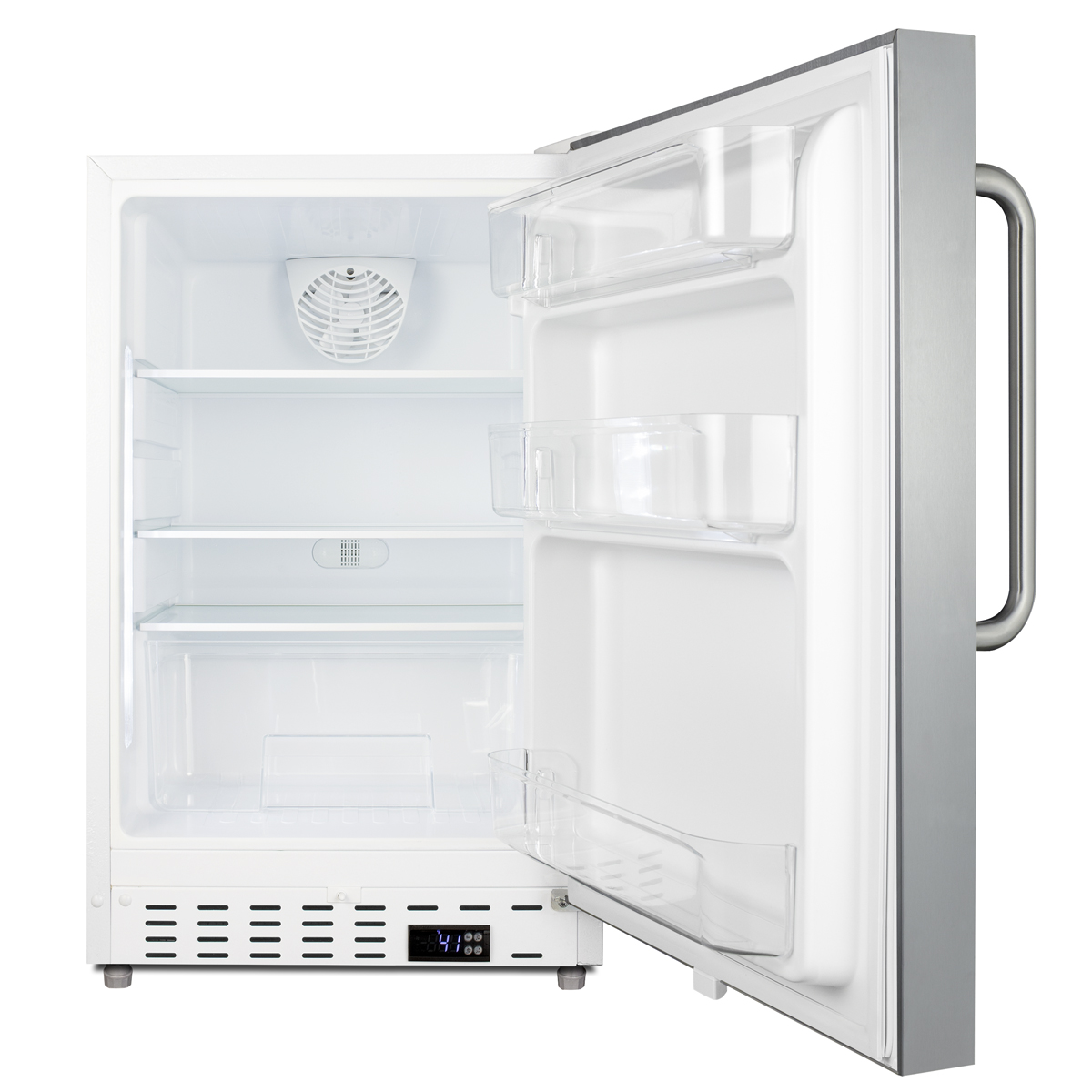Built-in undercounter ADA compliant residential all-refrigerator in white with SS door, towel bar handle, door storage and automatic defrost operation